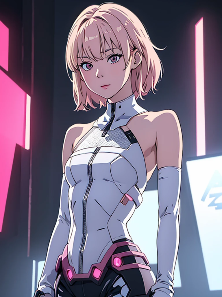 digital art drawing, illustration of (Winter from k-pop group aespa, short white hair with bangs, brown eyes, flat chest, anime girl, exoskeleton, one pink metal robotic arm, one skin arm, evil look, Mechanical torso, neon details, cyberpunk 2077), anime drawing/art, bold linework, illustration, digital art, masterpiece, flat illustration, no shadows, 8k resolution, high detail, vector art, only anime, perfect eyes, perfect hands, perfect fingers, sharpness, high clarity, medium shot, high fidelity
