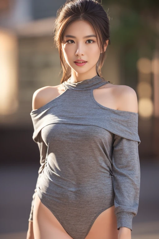 (masterpiece:1.2, highest quality), realistic, (real picture, intricate details, Depth of the bounds written，High-neck clothes), parted lips, very detailed, perfect face, perfect body, 
mature woman ,bokeh background,Costume with off shoulder, The lower body is only underwear,Only the upper body is dressed,random hairstyles 