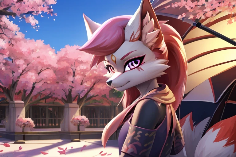 kimiko, furry female anthro, fox girl, white body fur, Pink hair, multiple tails, multi tail, solo, body fur, (best quality), cinematic lighting, anime style, short ponytail, scar on the eye, 2D, detailed background, detailed background, best quality, ultra detail, good lighting, solo, high quality, detailed body, detailed eyes, detailed face, masterpiece, glistening body, shiny body, detailed body fur, best quality, perfect lighting, perfect shadows, perfect eyes, perfect hair, perfect face, gorgeous body, clear sky, glowing eyes, dressed, ordinary closed clothes, background of falling sakura petals, cherry blossoms, turned her back to the viewer, umbrella in his hands on his shoulder, the face is not visible