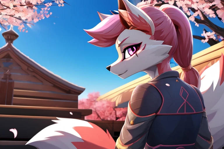 kimiko, furry female anthro, fox girl, white body fur, Pink hair, multiple tails, multi tail, solo, body fur, (best quality), cinematic lighting, anime style, short ponytail, scar on the eye, 2D, detailed background, detailed background, best quality, ultra detail, good lighting, solo, high quality, detailed body, detailed eyes, detailed face, masterpiece, glistening body, shiny body, detailed body fur, best quality, perfect lighting, perfect shadows, perfect eyes, perfect hair, perfect face, gorgeous body, clear sky, glowing eyes, dressed, ordinary closed clothes, background of falling sakura petals, cherry blossoms, turned her back to the viewer, umbrella in his hands on his shoulder, the face is not visible