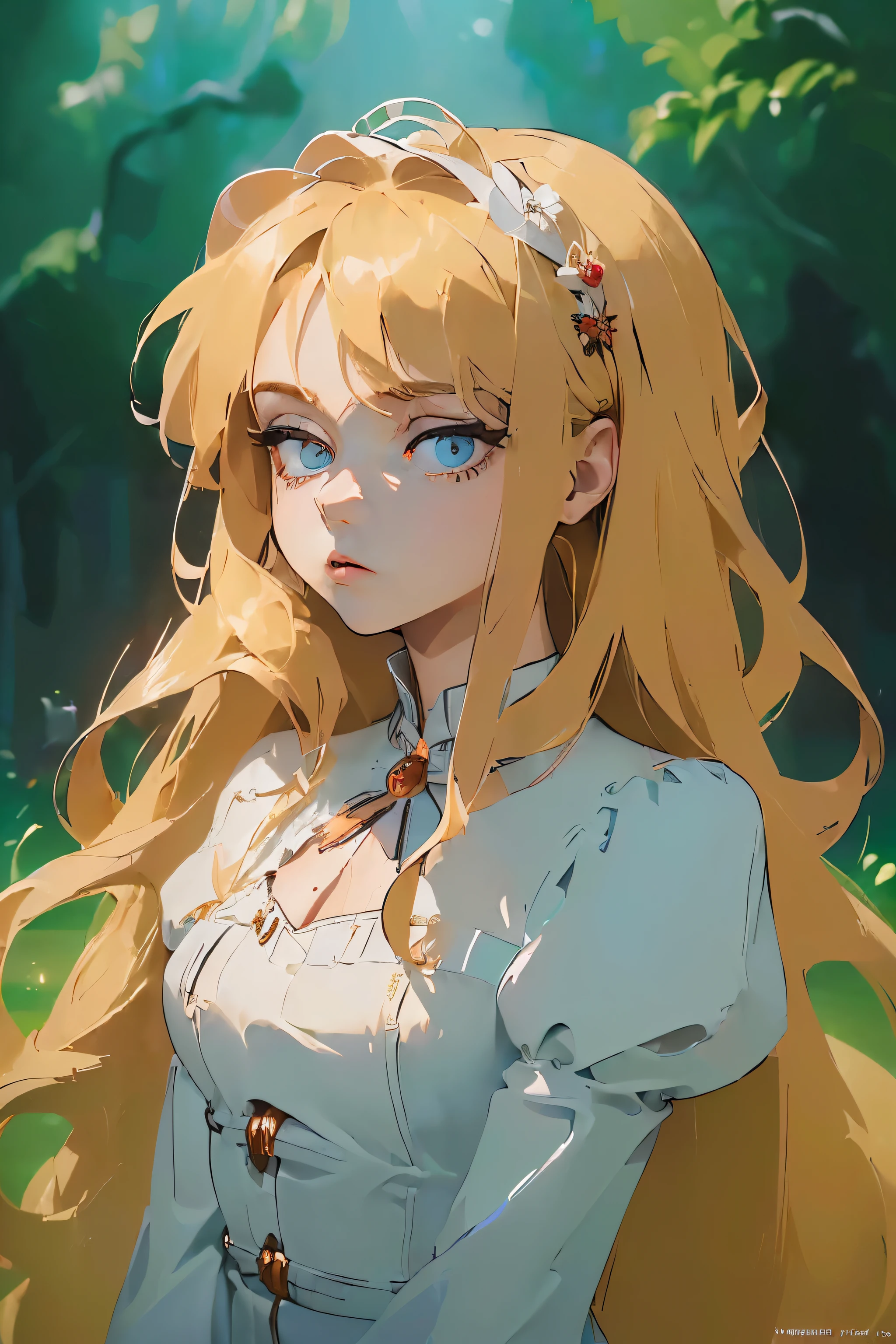 ((Masterpiece:1.5, best quality:1.5, official art:1.5, extremely detailed:1.5, detailed eyes:1.5)), a picture of a woman in a royale white dress with long flowing blonde hair and red glowing eyes, she has a body, ((petite:1.5)). The woman is looking down at the viewer. The background is a cornfield