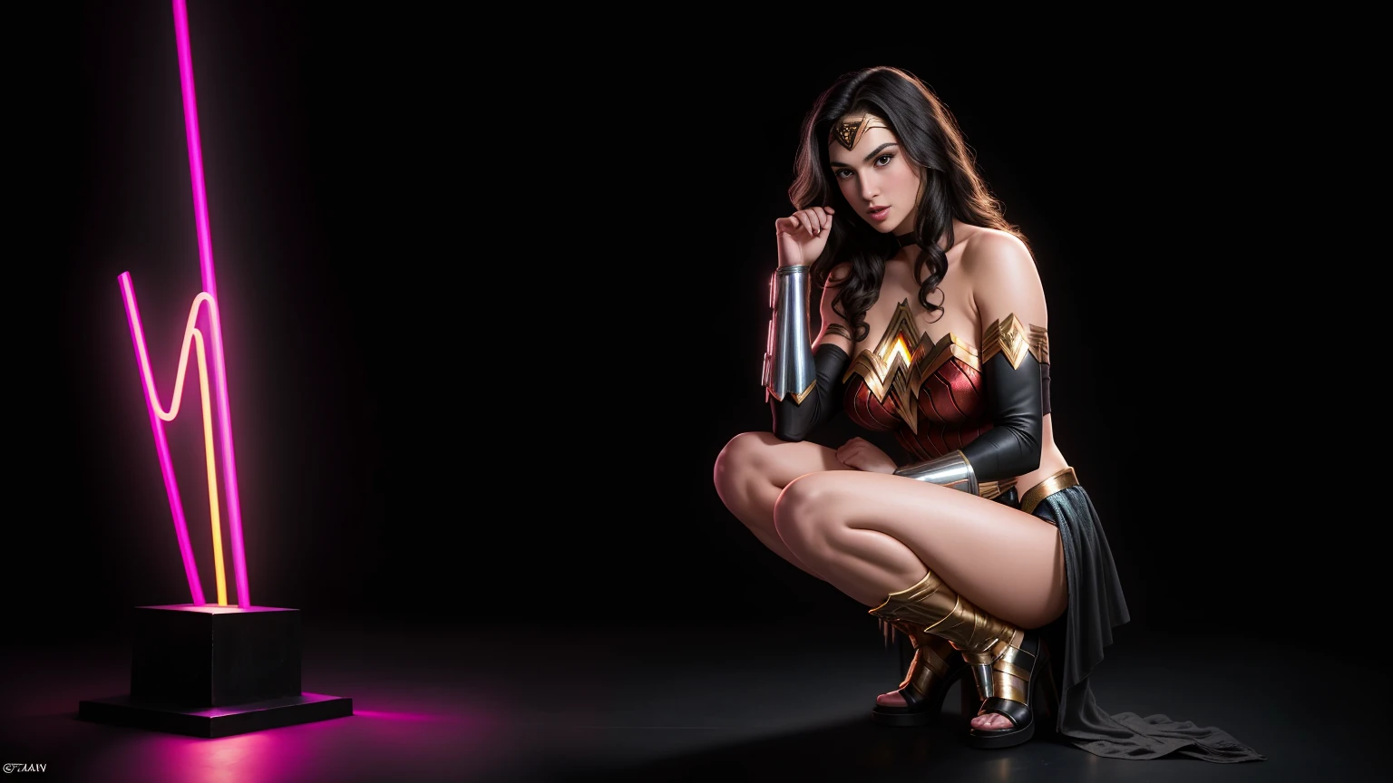 There IS GAL GADOT AS WONDER WOMAN squatting, long hair, 3 d neon art of a  woma - SeaArt AI