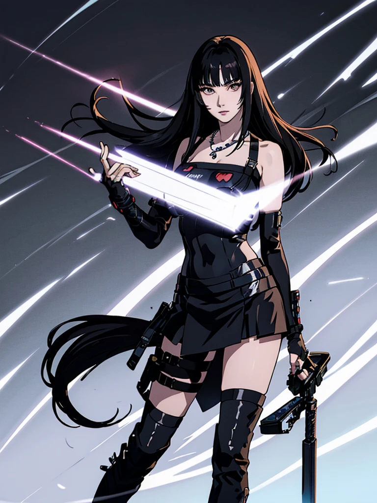 digital art drawing, illustration of (Giselle from k-pop group aespa, Long black hair with bangs, partially bleached streaks of hair, brown eyes, flat chest, anime girl, silver chain necklaces, confident look, long black boots, neon details, cyberpunk 2077), anime drawing/art, bold linework, illustration, digital art, masterpiece, flat illustration, no shadows, 8k resolution, high detail, vector art, only anime, perfect eyes, perfect hands, perfect fingers, sharpness, high clarity, medium shot, high fidelity
