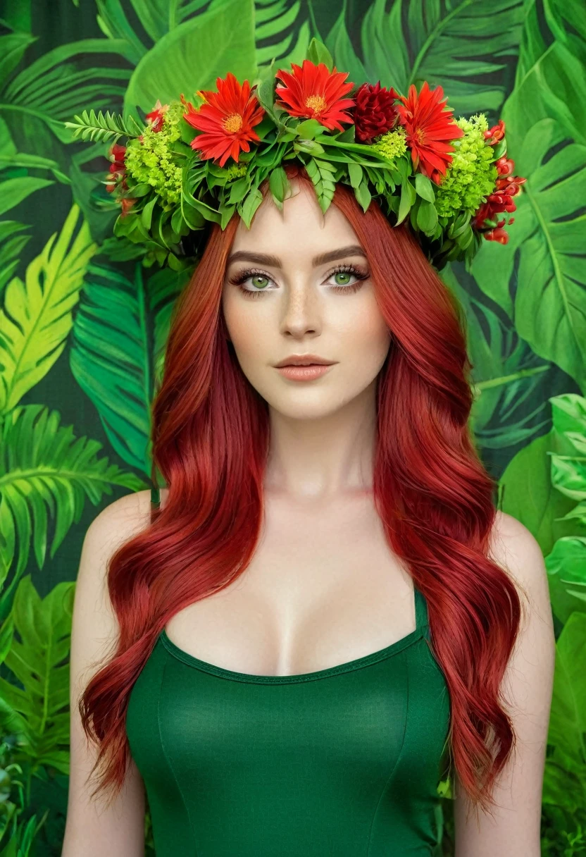 The image portrays a young woman with striking red hair, adorned with a crown of vibrant red flowers and lush green leaves. Her eyes, a captivating shade of green, seem to sparkle with a hint of mischief. She is dressed in a green top that complements the floral crown, adding to the overall harmony of the scene. The background is a lush tapestry of greenery, with various plants and flowers that blend seamlessly with her attire and the floral crown. The image exudes a sense of tranquility and natural beauty, as if the woman is a living embodiment of the forest's enchantment.