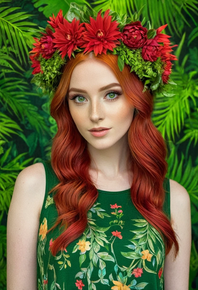 The image portrays a young woman with striking red hair, adorned with a crown of vibrant red flowers and lush green leaves. Her eyes, a captivating shade of green, seem to sparkle with a hint of mischief. She is dressed in a green top that complements the floral crown, adding to the overall harmony of the scene. The background is a lush tapestry of greenery, with various plants and flowers that blend seamlessly with her attire and the floral crown. The image exudes a sense of tranquility and natural beauty, as if the woman is a living embodiment of the forest's enchantment.