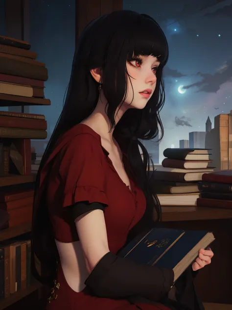 luna, red eyes, blunt bangs, distracted, gothic style, night sky, books