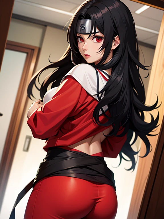 nar_kurenai_yuhi，forehead protection，Sales，full bodyesbian，Red eyes，Wariza，Off the shoulder clothing，neckline，, back shot, is