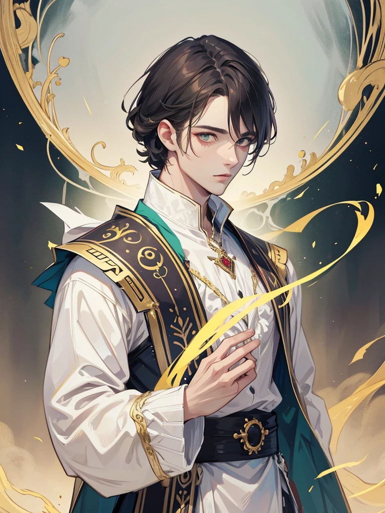 Very handsome man in prince clothes, short wavy golden hair, beautiful  face, pointy ears and fairy wings, olhos verdes esmeralda
