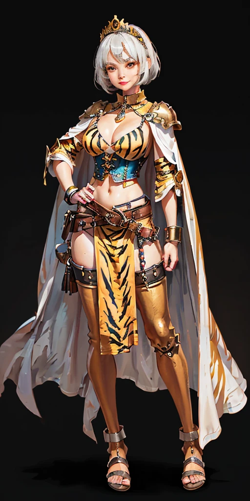 ((BLACK BACKGROUND 1:2, masterpiece)) 1solo female full body standing straight symmetrical with two long thighs and two metal sandals, red eyes like rubies, looking to the viewer, silver white hair, short bob style hair, big knockers breastplate, breastplate, cleavage, tiara royal, long cape up to two feet, yellow bikini (yellow tiger stripes), lustful smirking smiling, smile face (red blushed, red cheeks), pauldrons metal shoulders, gold sleeveless bracelets, separate sleeves, hands on waist hands OR hips, golden bracers, metal handcuffs, leather corset, red loincloth, black leather choker slave collar, shackles bracelets, slave red crest under navel, navel, big belt around waist OR hips, feet together, metal ankles