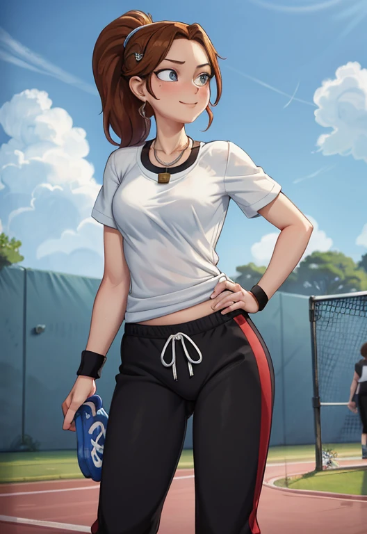 masterpiece, best quality, 1girl, portrait, 37 year old woman, short brown hair, ponytail styled hair, blue eyes, ((Wearing: White Gym T-shirt, Black Gym sweat pants, whistle necklace and black tennis shoes)), smile, standing, hands on hips, looking at viewer, (Background: outdoors, middle school track field, blue sky, clouds in the sky),
