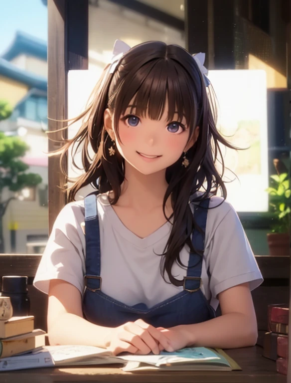 High resolution,In 8K,highest quality,detailed,Semi-realistic anime,Anime 3D Style,Smooth anime CG,One Girl,19-year-old woman in Japan,slim,Modeled,Shiny brown hair,Medium Hair,detailedな顔,Beautiful and detailed,Glowing Skin,Earrings Beautiful,straggling hair,Angelic hairstyle,Small breasts,((Mouth open)),((Smiling gently)),(Round, slightly large eyes)