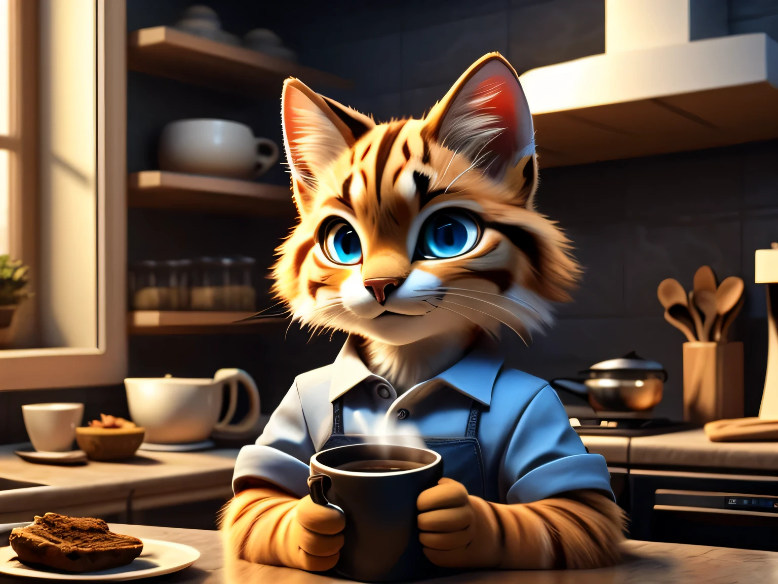 orange and white Wallecat, portrait, full body portrait, fluffy cat, Blue eyes, (orange fur:1.2), Cinematic, realism, film style, Beautiful, Sharp Focus, epic, in the kitchen, preparing coffee, casual clothes, looking at the camera
