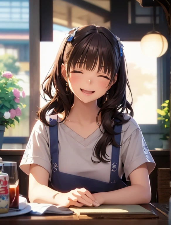 High resolution,In 8K,highest quality,detailed,Semi-realistic anime,Anime 3D Style,Smooth anime CG,One Girl,19-year-old woman in Japan,slim,Modeled,Shiny brown hair,Medium Hair,detailedな顔,Beautiful and detailed,Glowing Skin,Earrings Beautiful,straggling hair,Angelic hairstyle,Small breasts,((Mouth closed)),((Laughter)),((Closed eyes))