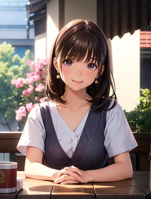 High resolution,In 8K,highest quality,detailed,Semi-realistic anime,Anime 3D Style,Smooth anime CG,One Girl,19-year-old woman in Japan,slim,Modeled,Shiny brown hair,Medium Hair,detailedな顔,Beautiful and detailed,Glowing Skin,Earrings Beautiful,straggling hair,Angelic hairstyle,Small breasts,((Close your mouth)),((Round and slightly large eyes))