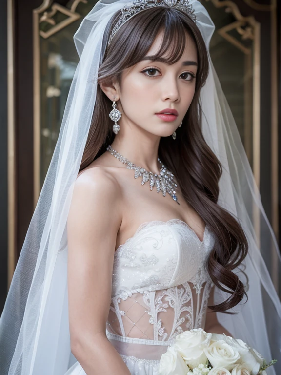 (masterpiece, best quality: 1.4), Detailed background, White crystal, crystal cluster,long hair,jewelry, earrings, necklace, crown, bride, small breasts