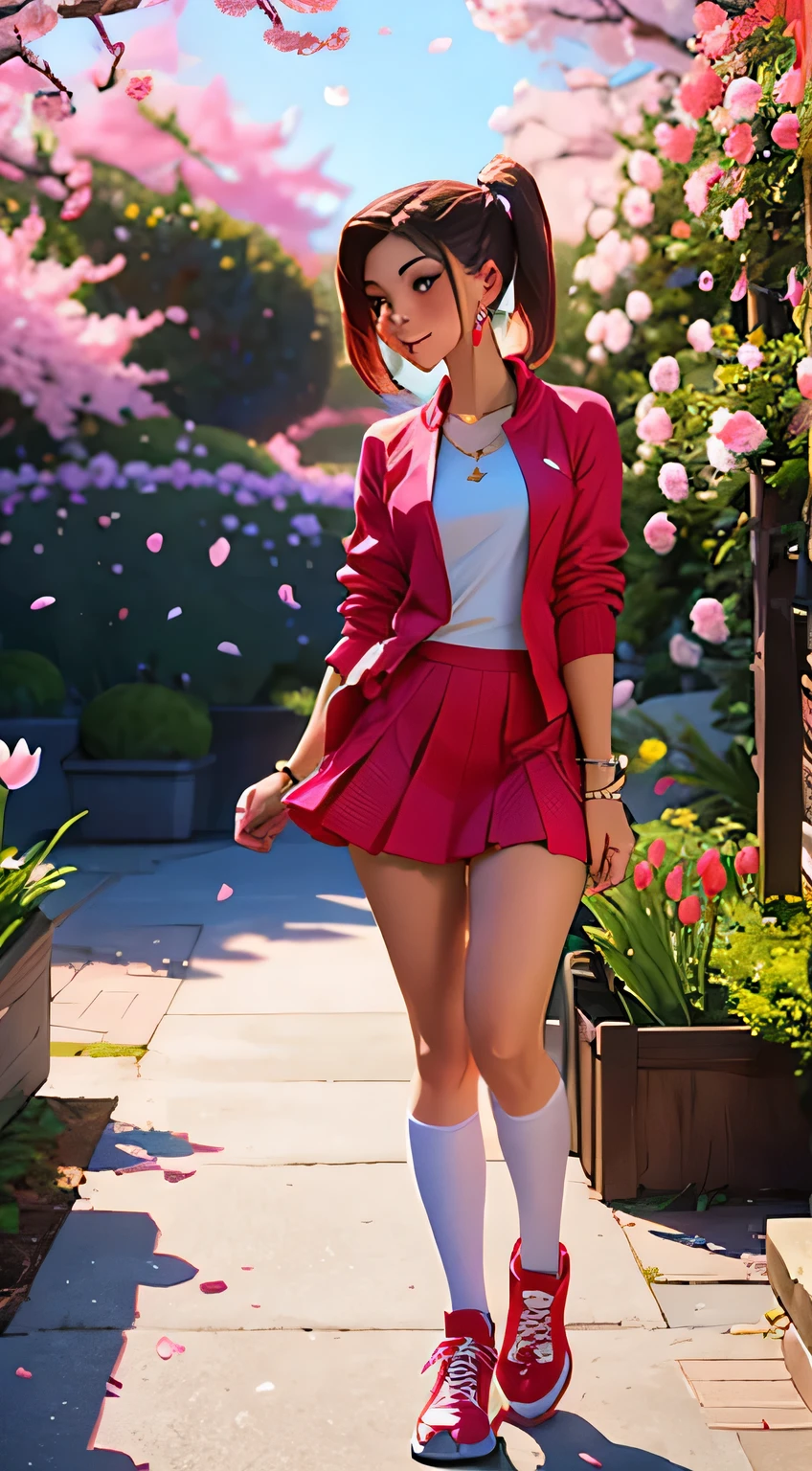 ultra-detailed, 1 skinny girl standing under a blooming cherry blossom tree in a vibrant garden, surrounded by colorful flowers. She has a flat chest and a small breast, She has radiant, expressive eyes, full of curiosity and innocence. Her lips are delicately curved into a gentle smile. Her hair are tied back with a ponytail and bangs. She wears a necklace, a bracelet, and dangling earrings. The sunlight filters through the branches, casting soft shadows on her face. The cherry blossoms create a dreamy atmosphere with their soft pink petals gently falling around her. The girls’ outfit consists of a tight short dress,  black thigh-highs and  sneakers. The garden is filled with a variety of flowers, including roses, tulips, and daisies, in vibrant shades of pink, red, yellow, and purple. The scene is bathed in a warm, cinematic light, with a slight golden hue, giving it a romantic and nostalgic feel. The image quality is of the highest standard, with ultra-fine details visible in every aspect, from the delicate strands of hair to the intricate patterns on the schoolgirl's uniform. The colors are vivid and vibrant, with a perfect balance of saturation and contrast. The lighting creates a soft, enchanting glow, enhancing the allure of the scene. The overall composition exudes a sense of tranquility and beauty, inviting the viewer to immerse themselves in the serene moment. Full body view, panoramic view, taken from distance