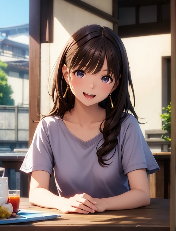 High resolution,In 8K,highest quality,detailed,Semi-realistic anime,Anime 3D Style,Smooth anime CG,One Girl,19-year-old woman in Japan,slim,Modeled,Shiny brown hair,Medium Hair,detailedな顔,Beautiful and detailed,Glowing Skin,Earrings Beautiful,straggling hair,Angelic hairstyle,Small breasts,((Open your mouth)),((Laughter)),(Round, slightly large eyes)