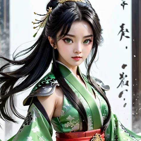 1 girl, heroine, handsome, splashed ink, chinese armor, (upper body), black hair, floating hair, delicate eyes, black and green ...