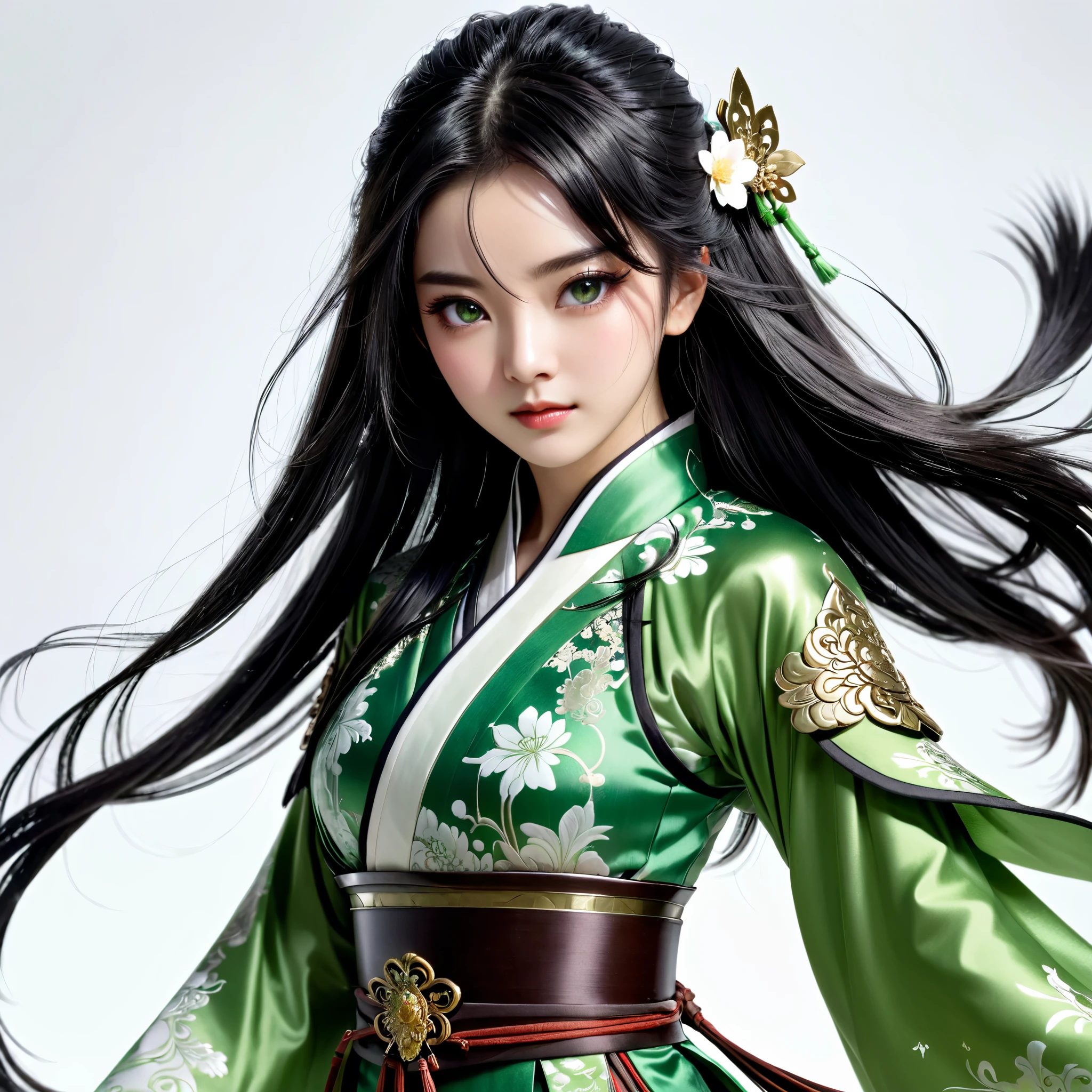 1 girl, heroine, handsome, splashed ink, Chinese armor, (upper body), black hair, floating hair, delicate eyes, black and green antique damask Hanfu, fov, (f1.8), (masterpiece), (portrait shot), front shot, white background, (movie poster), weapon