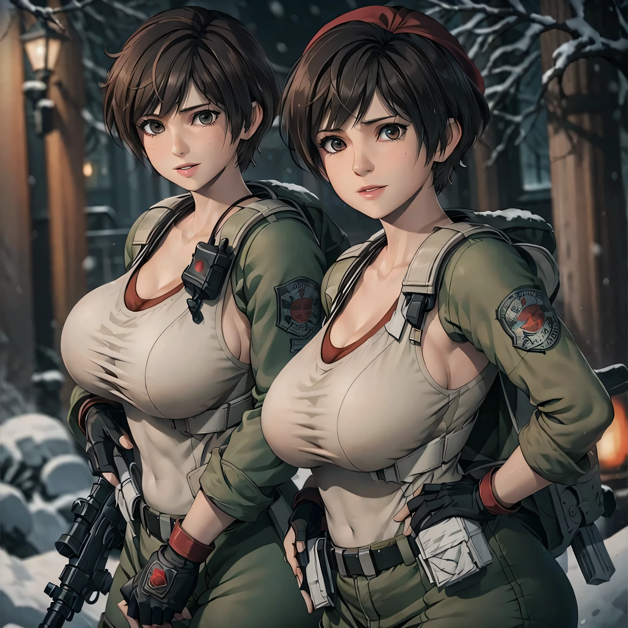 Rebecca chambers attractive huge breasts thick lips tight military outfit wearing red bandana on head in city night snowing holding medkit