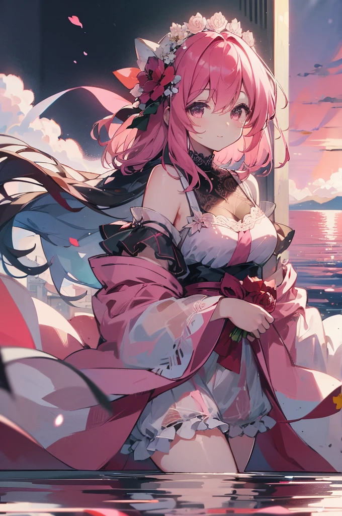 Upper part of the body, smile, blush, Session, ((Cherry blossoms)), ((pink manga)), pink tone, ((pink stockings)), pink sky, Sunset, lake, reFlection