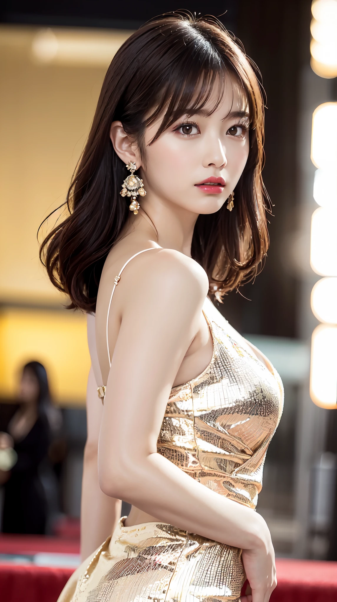 1 female, Beautiful Japanese actresses, Age 25, Double Eye,mile, Detailed face, Big earrings，Flashy makeup using red eyeshadow，light brown delicate middle cut hair，The tips of the hair are wavy，Classy hairstyle，Fine grain,Slender actress, Small hips, Side Bust Barbosa),Butt crack, Bare waist, Bare back:1.3),Sexy silk embroidered mermaid dress:1.2), break long black hair, BREAK ceremony, Red carpet, Official Art，Highly detailed CG Unity 8k wallpaper, (masterpiece:1.0),(highest quality:1.0), photo shoot, 8k, Browsing Caution, High resolution, Kodak Portrait 400, Film Grain, Lens flare brilliance,Show Viewer