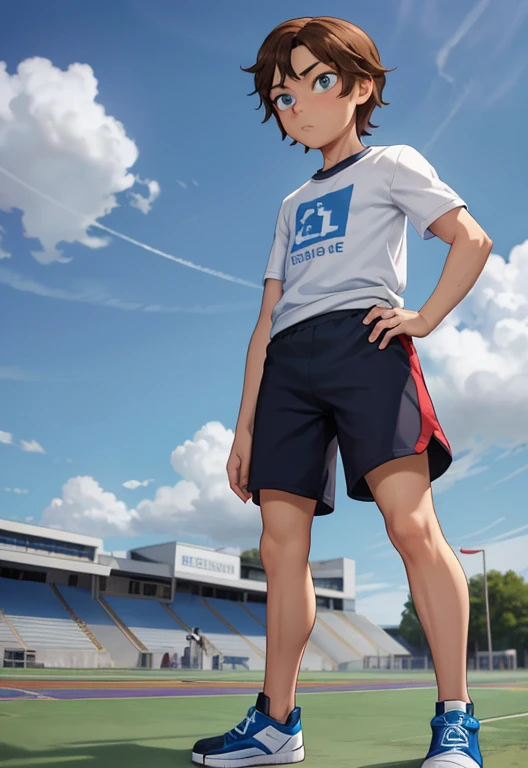 Masterpiece, high resolution, high quality, intricate details, full body portrait, front view, 1boy, solo, 13 years old boy, teenage male, short brown hair, blue eyes, looking at viewer, worried and uneasy expression, ((Wearing: White Gym T-shirt, Black Gym shorts, and blue sneakers)), standing, hands on hips, looking at viewer, (Background: outdoors, middle school track field, blue sky, clouds in the sky),
