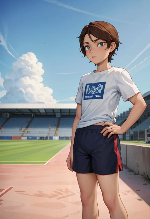 Masterpiece, high resolution, high quality, intricate details, full body portrait, front view, 1boy, solo, 13 years old boy, teenage male, short brown hair, blue eyes, looking at viewer, worried and uneasy expression, ((Wearing: White Gym T-shirt, Black Gym shorts, and blue sneakers)), standing, hands on hips, looking at viewer, (Background: outdoors, middle school track field, blue sky, clouds in the sky),
