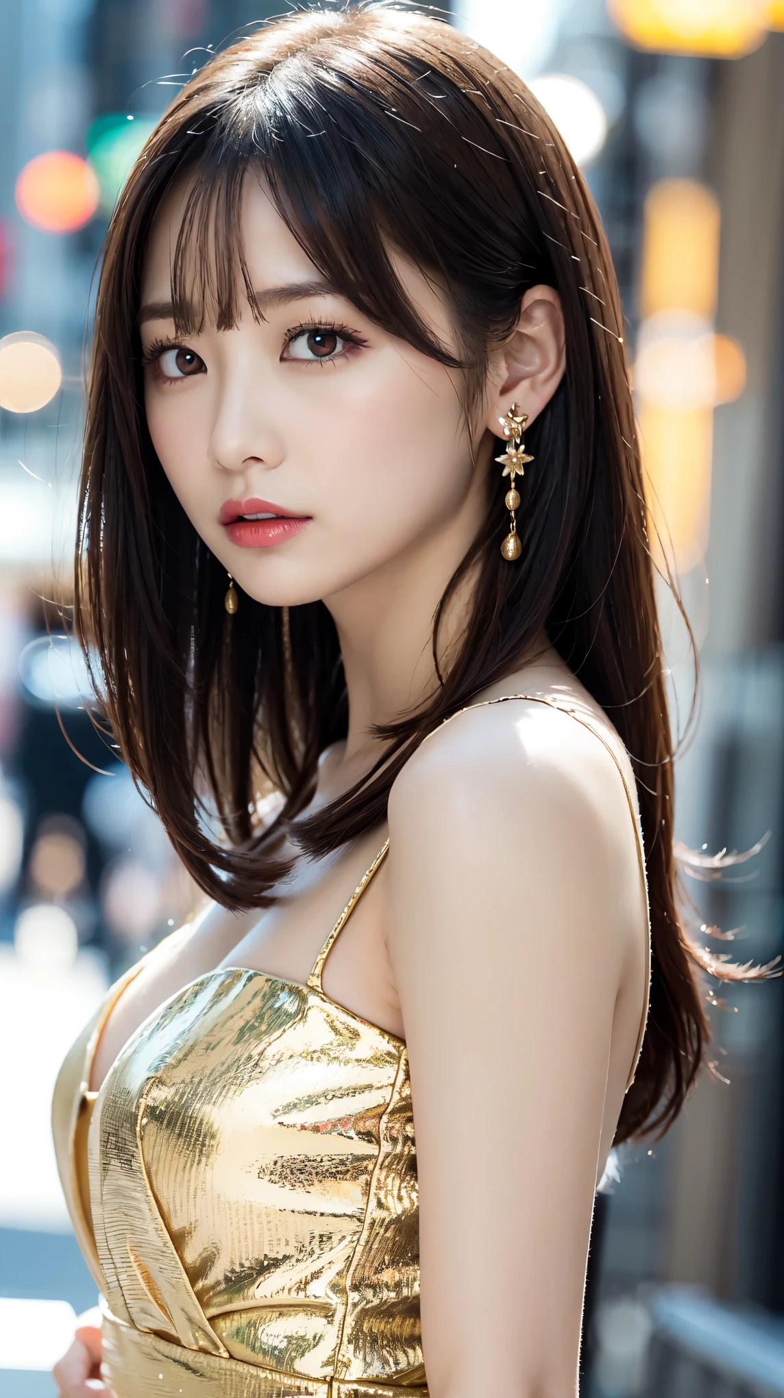 1 female, Beautiful Japanese actresses, Age 25, Double Eye,mile, Detailed face, Big earrings，Flashy makeup using red eyeshadow，light brown delicate middle cut hair，The tips of the hair are wavy，Classy hairstyle，Fine grain,Slender actress, Small hips, Side Bust Barbosa), Sexy silk embroidered mermaid dress:1.2), break long black hair, BREAK ceremony, Red carpet, Official Art，Highly detailed CG Unity 8k wallpaper, (masterpiece:1.0),(highest quality:1.0), photo shoot, 8k, Browsing Caution, High resolution, Kodak Portrait 400, Film Grain, Lens flare brilliance,Show Viewer