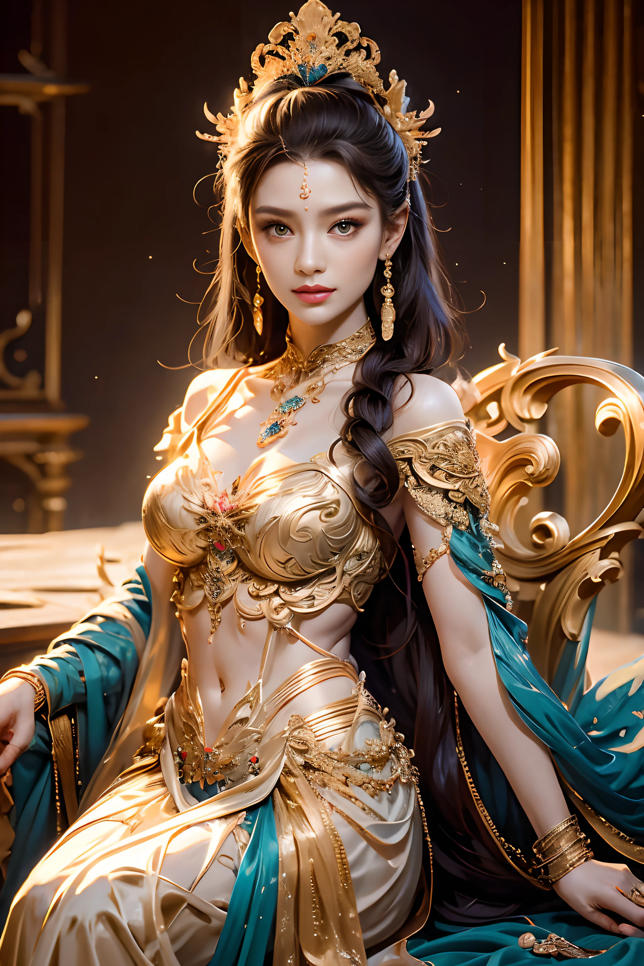 Noble goddess，Scepter in hand，Elegant temperament，mystical ambiance，Best quality、tmasterpiece、A high resolution、1girll、Sheer silk porcelain dress、Nice face、hair adornments、looking at viewer、shift dresses、hair adornments、choker necklace、jewely、long black hair、earring、pretty  face、Sit in a golden chair，Ancient mythology、Ancient palaces，Luxurious and detailed background、hentail realism、profesional lighting、edge lit、bicolor lighting、（highdetailskin：1.2）、8K, Ultra HD、Digital SLR、softlighting、high quality，Volumetriclighting，High resolution 4K，blur background，high contrast，largevaperture，automatic white balance，cinematic compositions，realisticlying