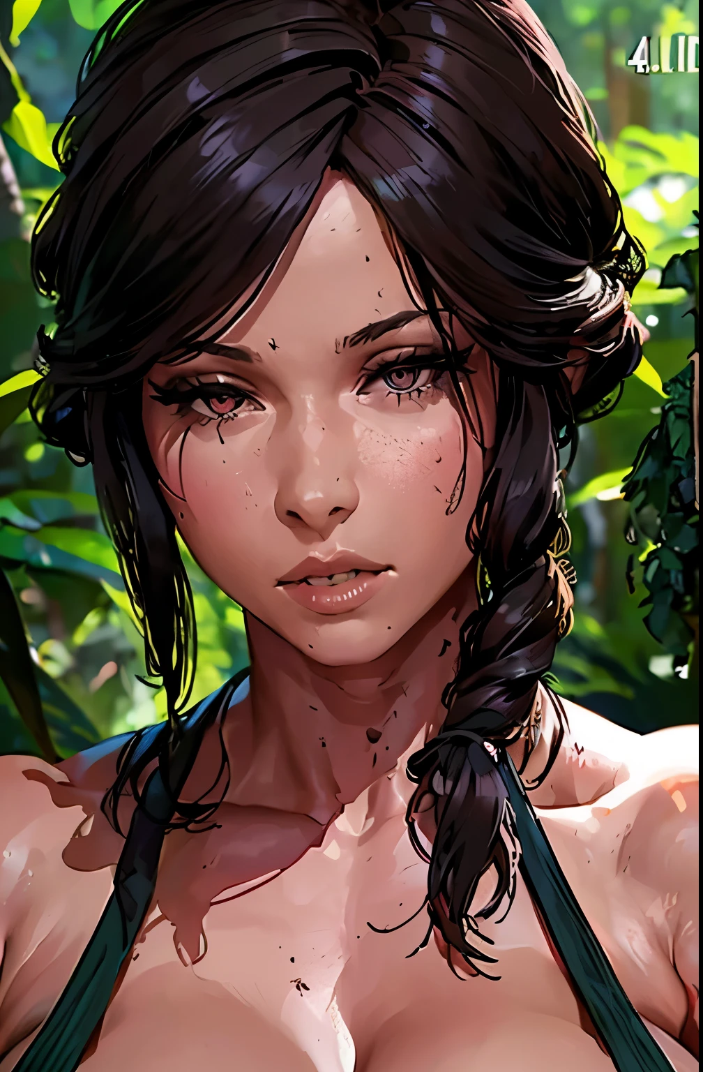 (best quality, 4K, master part:1.3), Beautiful woman, hyper-realistic, 1 girl, (attractive body:1.2), abdomen:1.1, wet body:1.2), (same, ultra detailed face, detailed lips, eyes detailed, Double eyelid, Lara Croft outfit, forest, dirty, foliage, confrontation,