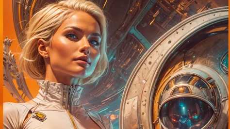 arafed image of a white woman in a futuristic suit with a spaceship in the background, movie art, in front of an orange backgrou...