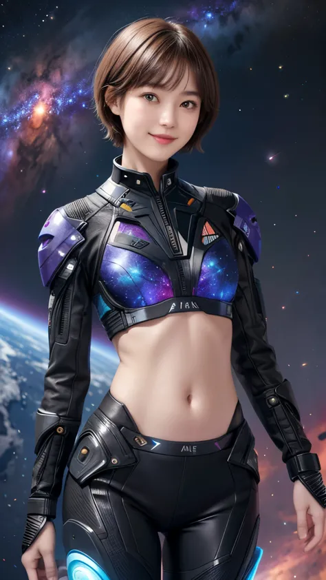 213 Short Hair, 20-year-old woman, A kind smile, Floral, Futuristic clothing, machinery suit, (The background is a galaxy and ne...
