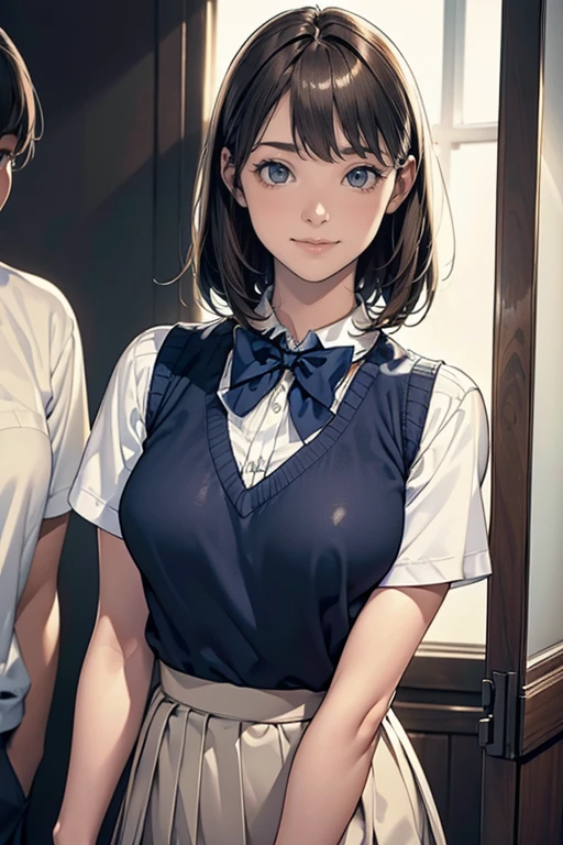 (masterpiece:1.2, highest quality), (Realistic, photoRealistic:1.4), Beautiful illustrations, (Natural Side Lighting, Cinema Lighting), Written boundary depth, 
Looking at the audience, (Face Focus, Upper Body), Front view, 1 girl, English, high school girl, , Perfect Face, Symmetrical cute face, Shiny skin, 
(bob hair:1.7,blonde), Asymmetrical bangs, Big eyes, Droopy eyes, long eyelashes chest), thin, 
Beautiful Hair, Beautiful Face, Beautiful and beautiful eyes, Beautiful clavicle, Beautiful body, Beautiful breasts, Beautiful thighs, Beautiful legs, Beautiful fingers, 
((High-quality fabric, brown knit vest, Short sleeve white collar shirt, navy pleated skirt, Navy bow tie)), 
(Beautiful views), evening, (Inside the flower shop), Are standing, (smile, Superior, Open your mouth),  (((Skirt flip, I can see your pants)))