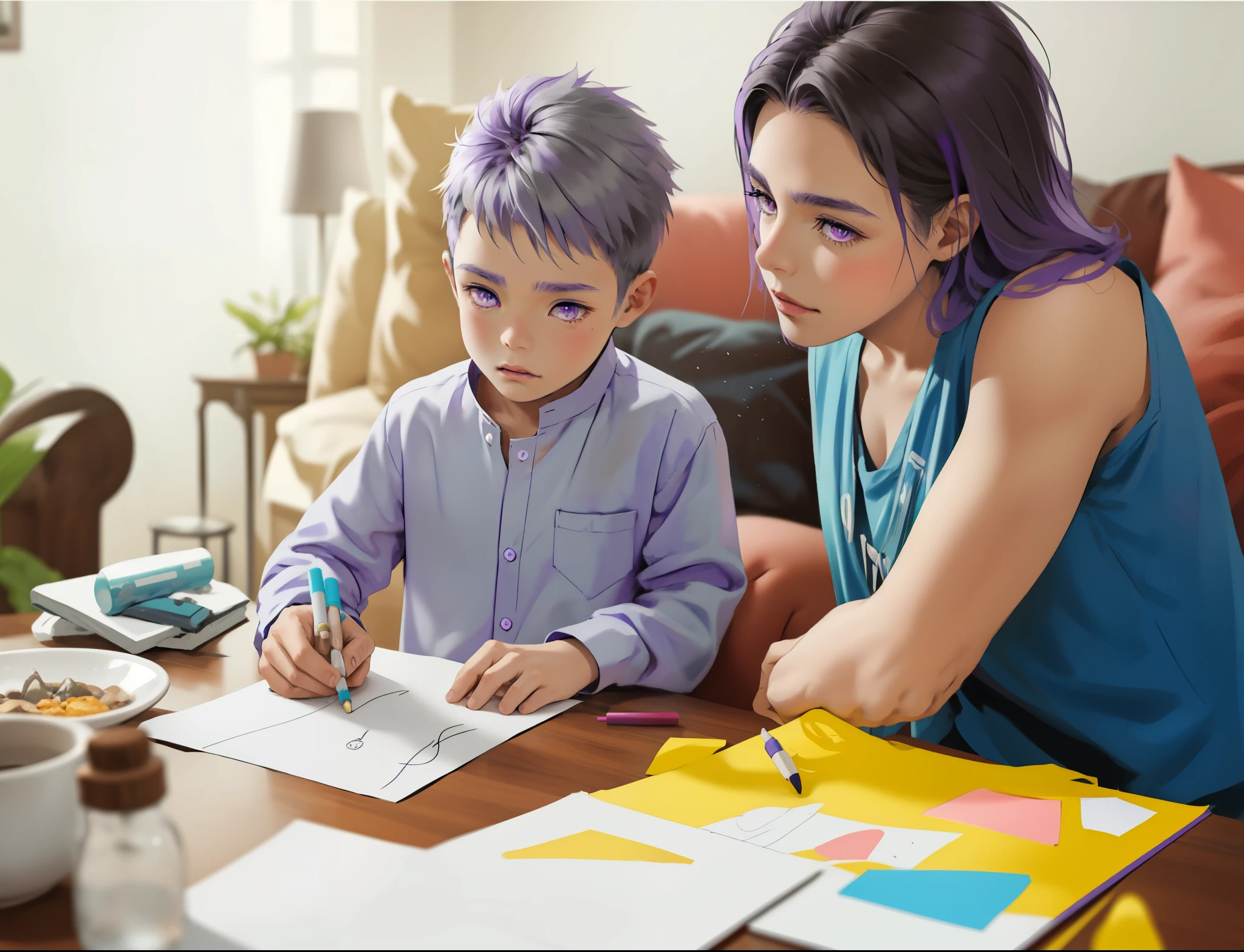 There is an 8 year old boy with purple hair, purple eyes, and his mother with gray hair and gray eyes, they are drawing and talking.