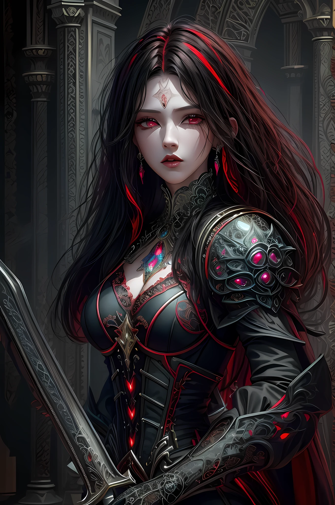 Arafed, dark fantasy art, gothic art, a picture of a vampire ready for battle, female vampire, armed with a sword, wearing heavy armor LnF, armed with a sword, shining sword, ultra detailed face (intricate detailed, Masterpiece, best quality: 1.4), pale skin, gloeing eyes, red eyes, ultra feminine, pale skin, dynamic hair, dark fantasy urban street (intricate detailed, Masterpiece, best quality: 1.4), moon light, star light, clouds