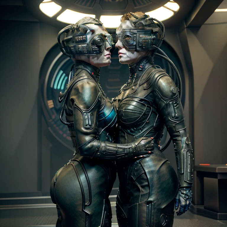 Girl 1,girl 2,muscular, short hair, bikini, sweaty, big breasts, big ass, kissing, girl 1 touching girl's ass 2,  veins popping out on her skin. She is being brainwashed into becoming a Borg, with an eyepatch covering one eye. There are cables attached to her body, merging with her flesh. The overall scene has a luma effect, giving it a surreal glow. The woman's face is extremely detailed, with intricate features and expressions. Her eyes are particularly captivating, with a mesmerizing quality to them. The image is of the highest quality, with 4K resolution and ultra-detailed rendering. It has a realistic and photorealistic appearance, almost resembling a masterpiece. The art style leans towards a cyberpunk concept, with a fusion of sci-fi elements. The color tone is dominated by shades of blue, giving it a cold and futuristic atmosphere. The lighting is dramatic, with bright highlights and deep shadows, adding intensity to