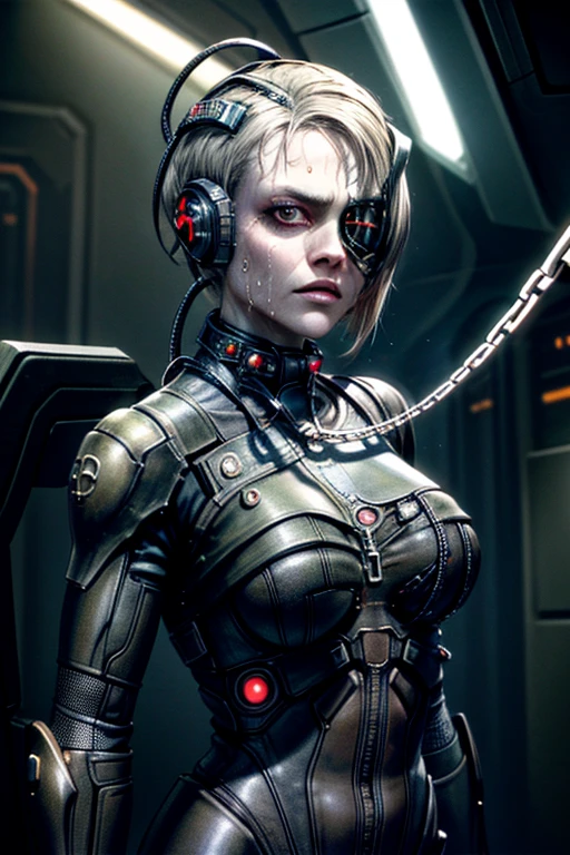 ,cleavage,damaged body,sweat,beautiful face,mature female,muscular (surrounded many Heinous estrus :1.3),(metal collar,chain leash:1.3),(pull leash:1.2), veins popping out on her skin. She is being brainwashed into becoming a Borg, with an eyepatch covering one eye. There are cables attached to her body, merging with her flesh. The overall scene has a luma effect, giving it a surreal glow. The woman's face is extremely detailed, with intricate features and expressions. Her eyes are particularly captivating, with a mesmerizing quality to them. The image is of the highest quality, with 4K resolution and ultra-detailed rendering. It has a realistic and photorealistic appearance, almost resembling a masterpiece. The art style leans towards a cyberpunk concept, with a fusion of sci-fi elements. The color tone is dominated by shades of blue, giving it a cold and futuristic atmosphere. The lighting is dramatic, with bright highlights and deep shadows, adding intensity to