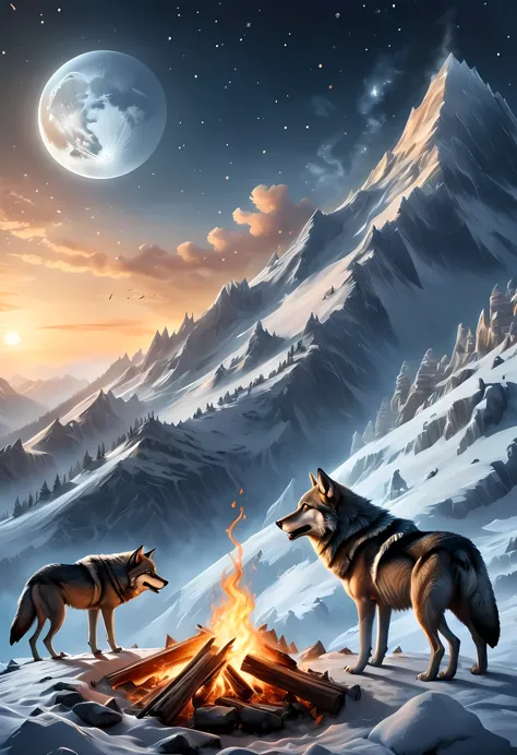 drkfntasy, faize, a National Geographic style, picture of bonfire at dawn on top of snowy mountain, you can see the moon  and th...