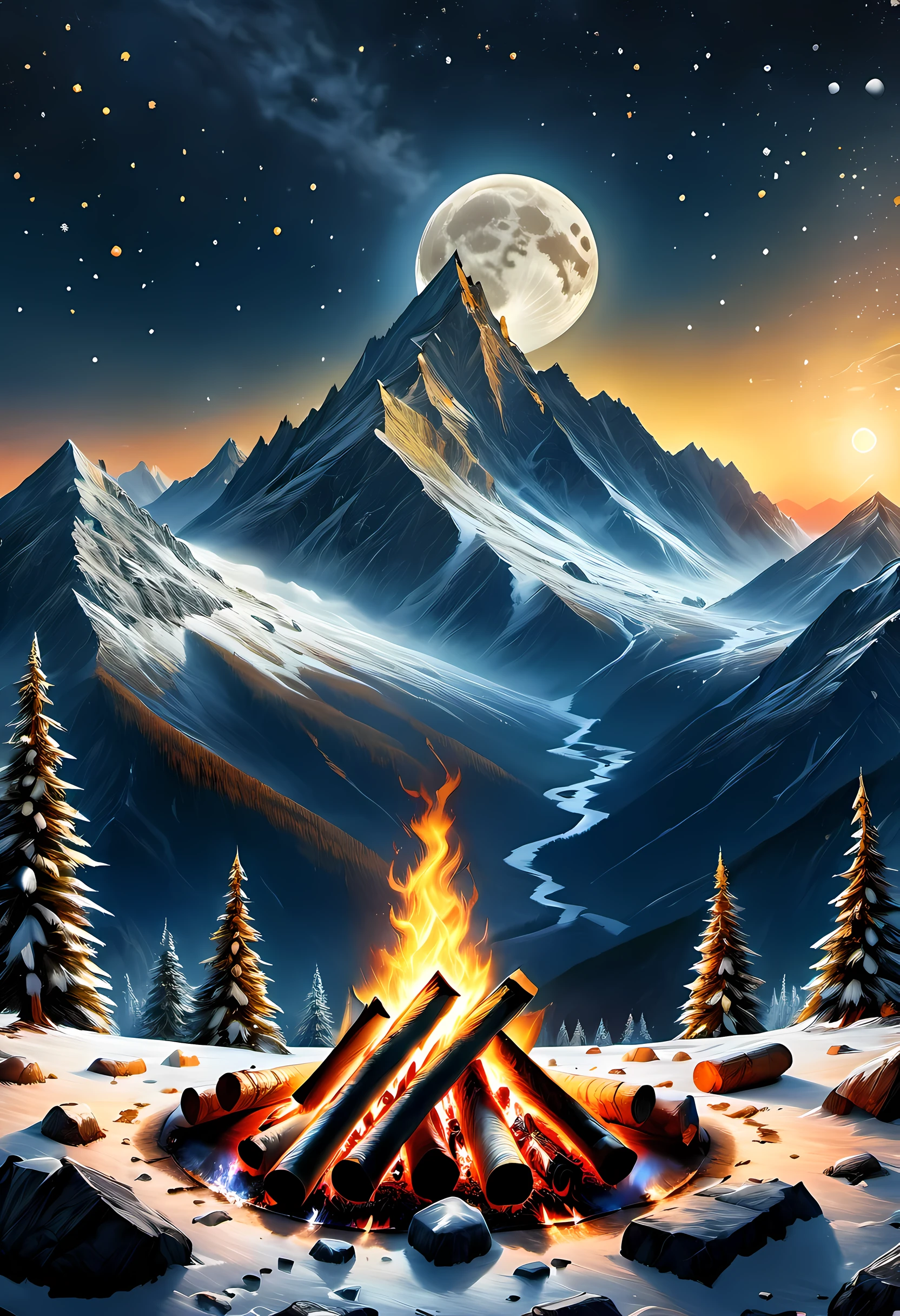 drkfntasy, faize, BJ_Full_Moon a National Geographic style, picture of bonfire at dawn on top of snowy mountain, you can see the moon  and the stars, an image of a wolf howling in the background, high details, best quality, highres, ultra wide angle