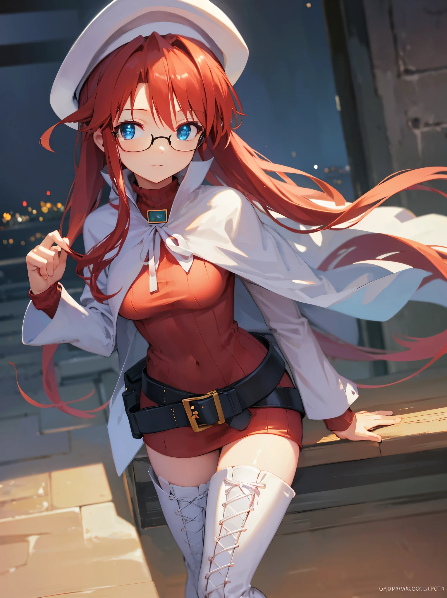 summonnightaty, aty, long hair, blue eyes, red hair, beret, hat, glasses,
BREAK long hair, thighhighs, hat, dress, boots, glasses, belt, cape, sweater, zettai ryouiki, beret, thigh boots, white footwear, ribbed sweater, loose belt,solo,
BREAK outdoors, fantasy,on_a_ship,
BREAK (masterpiece:1.2), best quality, high resolution, unity 8k wallpaper, (illustration:0.8), (beautiful detailed eyes:1.6), extremely detailed face, perfect lighting, extremely detailed CG, (perfect hands, perfect anatomy),covered_nipples,covered_navel,light_smile ,(half_eyes:1.4),long_sword,edge,armpit,sleepy,dynamic_standing,red_sweater,apart_legs,magical_effect,pulmp,big_tits,light_open_mouth,prepare_a_sword