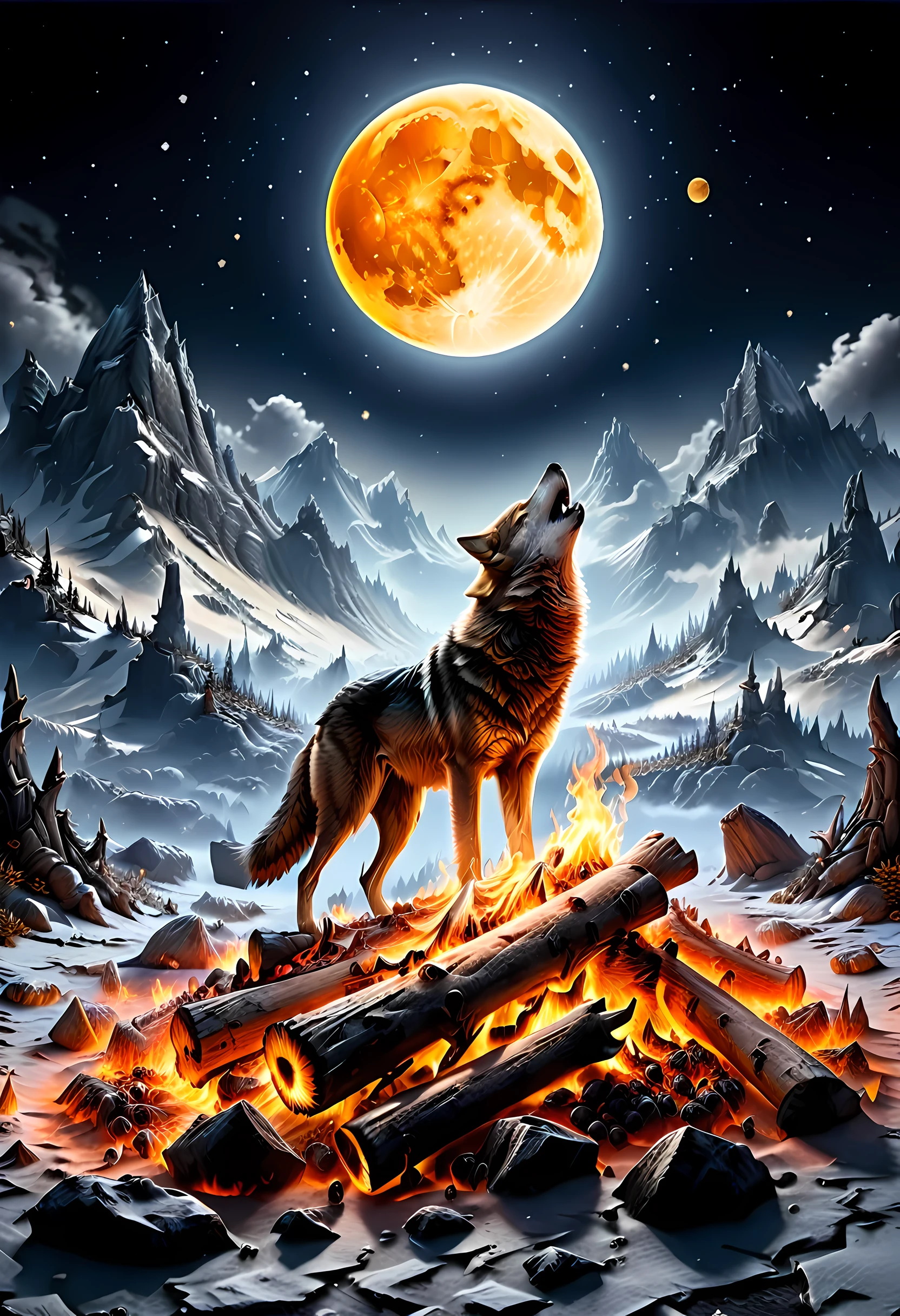 drkfntasy, faize, BJ_Full_Moon a National Geographic style, picture of bonfire at dawn on top of snowy mountain, you can see the moon  and the stars, an image of a wolf howling in the background, high details, best quality, highres, ultra wide angle