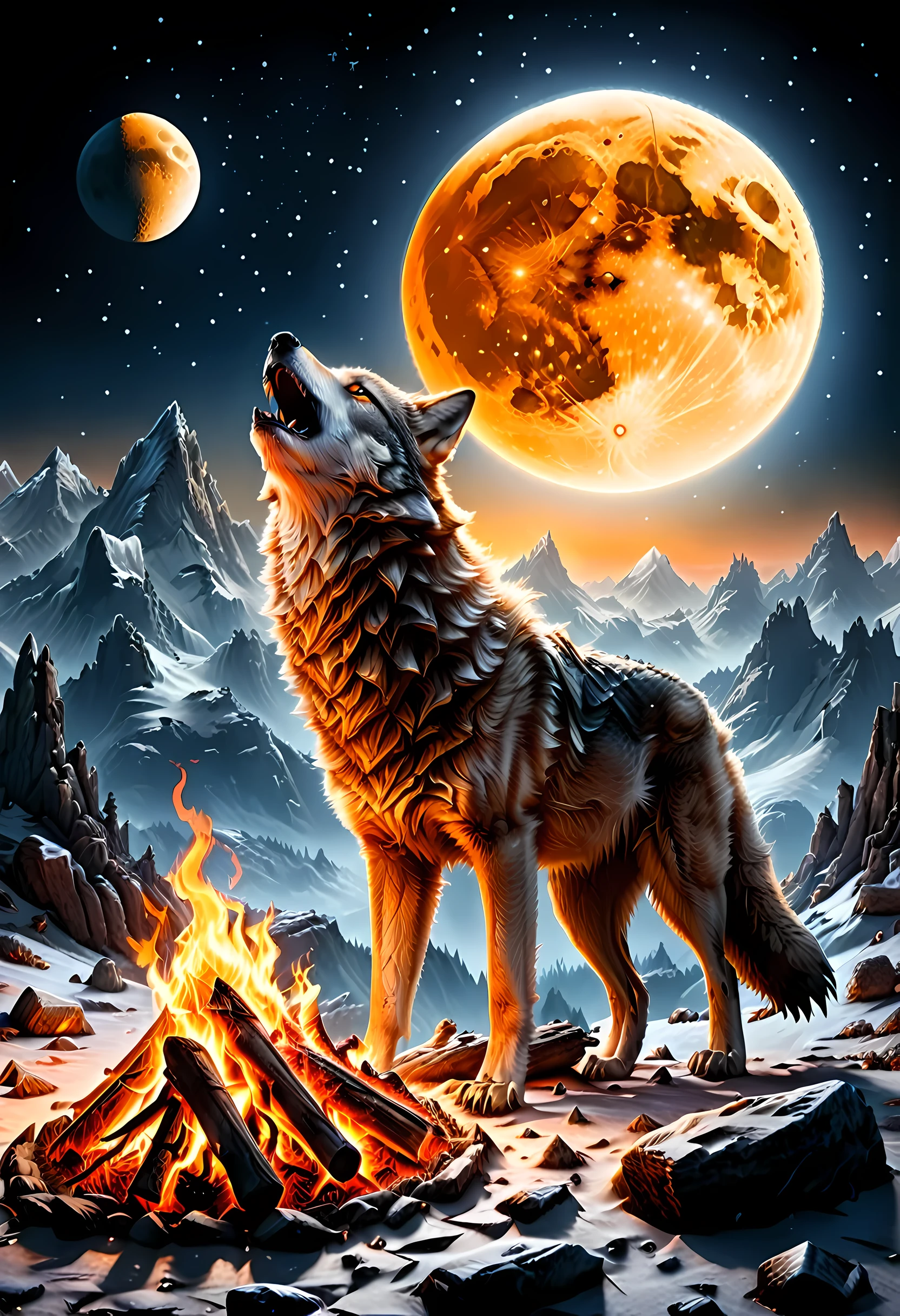 drkfntasy, faize, BJ_Full_Moon a National Geographic style, picture of bonfire at dawn on top of snowy mountain, you can see the moon  and the stars, an image of a wolf howling in the background, high details, best quality, highres, ultra wide angle