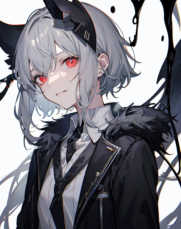 A girl, solo, masterpiece, best quality, gray hair, gray hair, gray hair, red eyes, blackening, darkness, sickle, shadow, villain, sneer, look down, black shadow, sticky black liquid, gloomy, white background