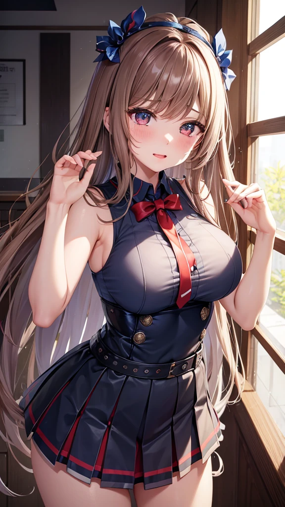 game , Nikke, the goddess of victory, Neat , Light brown hair,  Captivating eyes ,beautiful face , Crystal Red Eye , Long Hair , Women&#39;s blue striped sleeveless shirt, Underarm, blue high waist pleated skirt ,Selfie style,G-cup breasts, Narrow waist, Captivating thighs, 5 fingers on each hand, both hands ,2 basics , In the homeroom , beautiful, Place your hands behind your head ,A lot of semen on the faceが垂れている、A lot of semen drips onto my face、Sobbing、Crying face、Sad look、Tears flow、A lot of semen on the face、Semen dripping from her mouth、Semen dripping from my mouth、Covered in semen all over the face、Semen dripping on hair、Breasts fully visible、Nipples fully visible、Vagina fully visible、Completely naked