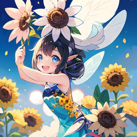 Sunflowers in your hair、Cartoon fairy in a blue dress, Beautiful sunflower anime girl, goddess of summer, season!! : 🌸 ☀ 🍂 ❄, th...