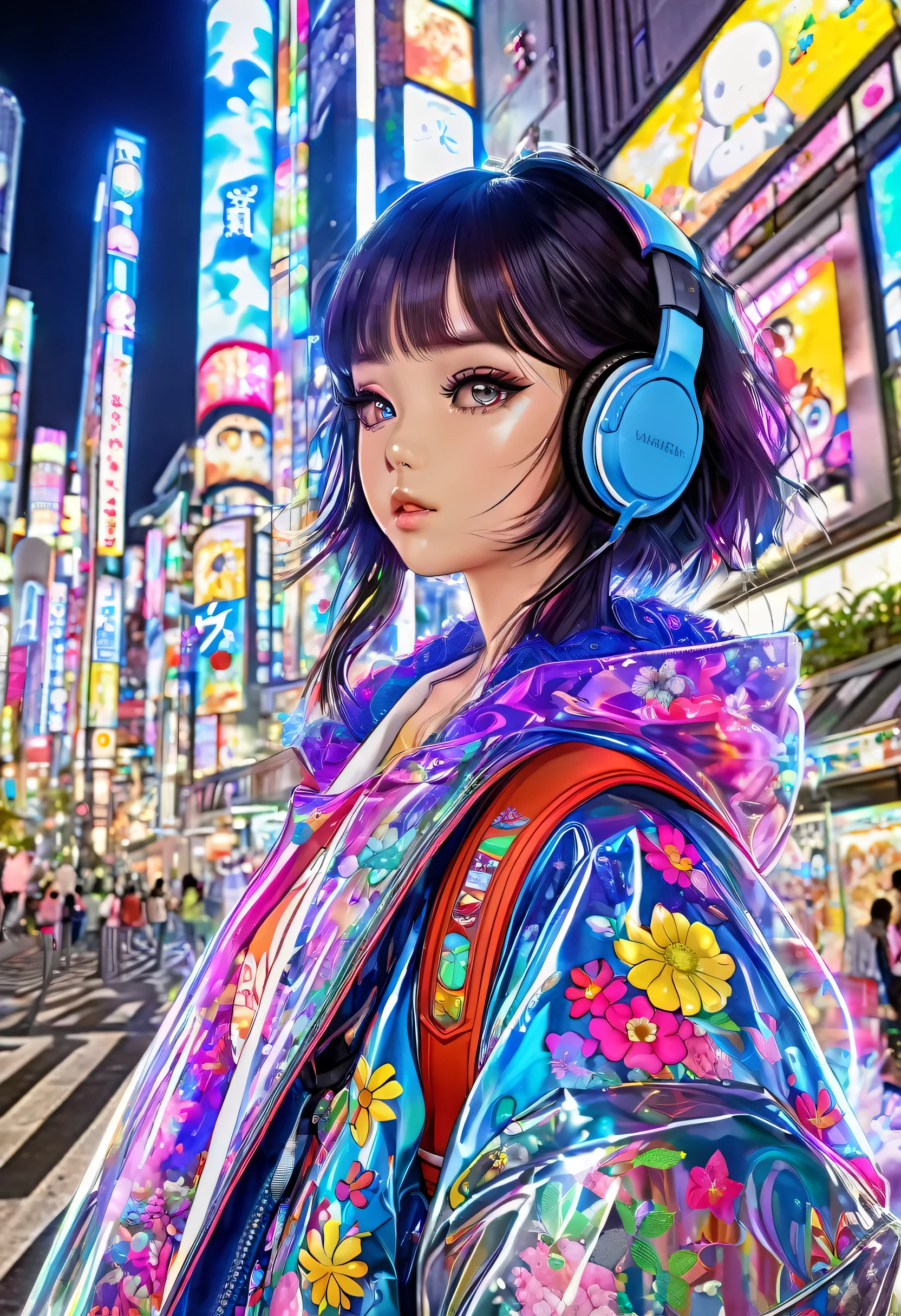 Pixiv, hyper detailed, harajuku fashion, futuristic fashion, anime girl, headphone, colorful reflective fabric inner, transparent PVC jacket, in tokyo city, Harajuku fashion, mucha, :: rossdraws, by tran ross, vivid floral oversized Sukajan bomber jacket, trends of pixie, badges, graphic design, art by Miyazaki Hay Takashi Murakami Oda Eiichirō, niji, richly detailed colored, lush vivid color, high quality, highres, detail enhancement, 8k, hdr, sharp focus, ultra detailed,32k