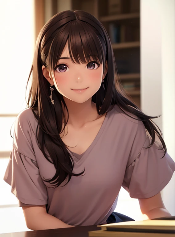 High resolution,In 8K,highest quality,detailed,Semi-realistic anime,Anime 3D Style,Smooth anime CG,One Girl,19-year-old woman in Japan,slim,Modeled,Shiny brown hair,Medium Hair,detailedな顔,Beautiful and detailed,Glowing Skin,Red cut and sew earrings,straggling hair,Angelic hairstyle,(Small breasts),((Looking at the camera)),((Mouth closed)),((Smiling))