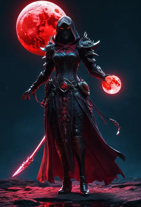 Red Necromancer, (alone), alone,Are standing_Split, Blood Moon, Ray Tracing, masterpiece, highest quality, super high quality, 不...