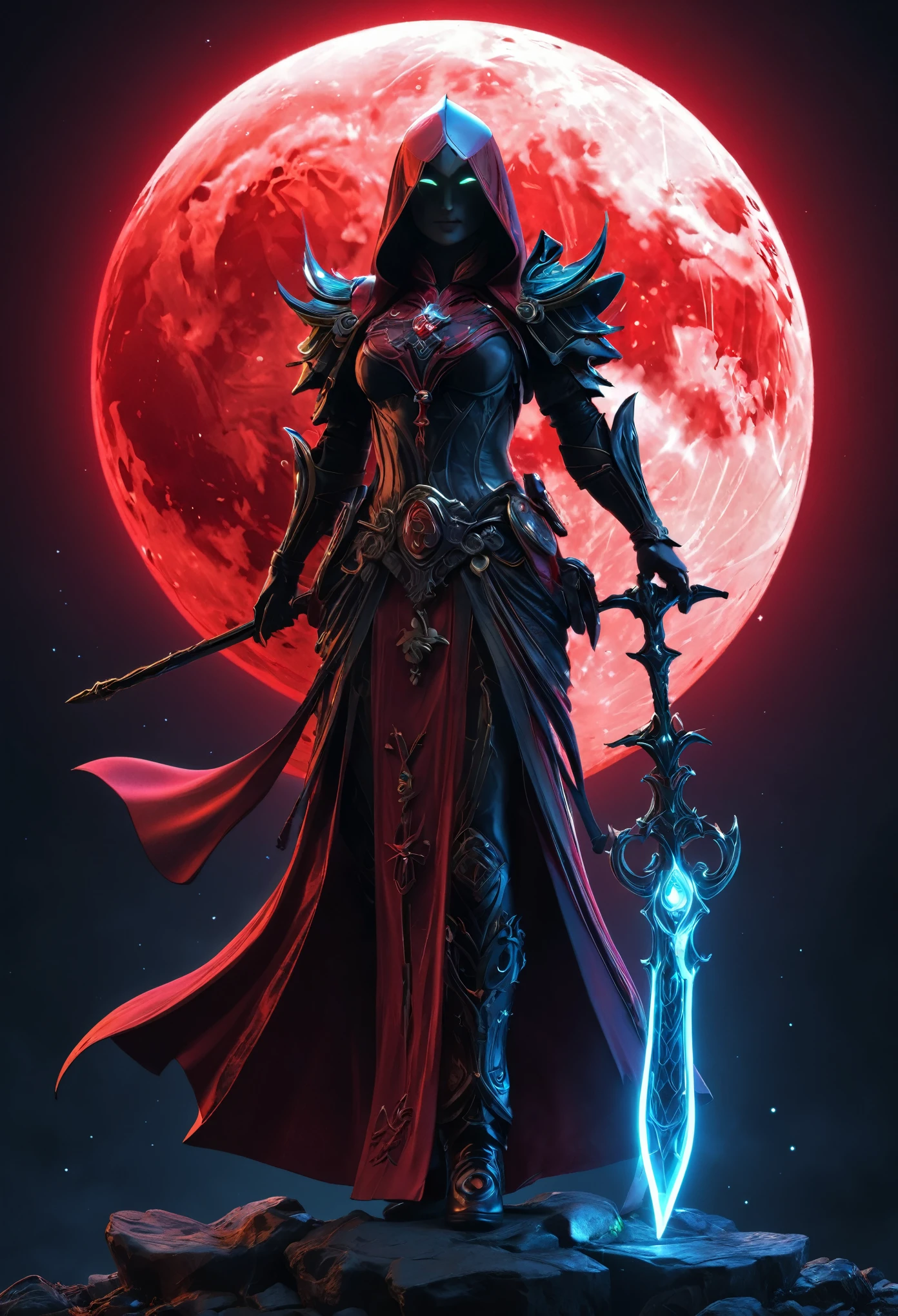 Red Necromancer, (alone), alone,Are standing_Split, Blood Moon, Ray Tracing, masterpiece, highest quality, super high quality, Absurd detailed, best Light, Best Shadow, sharp, sharp image, detailed, extremely detailed, Amazing resolution, 8k, 4K, Ultra-high resolution, Particle Effects, Beautiful Effects, Vibrant colors, neon Light, neon, Light,